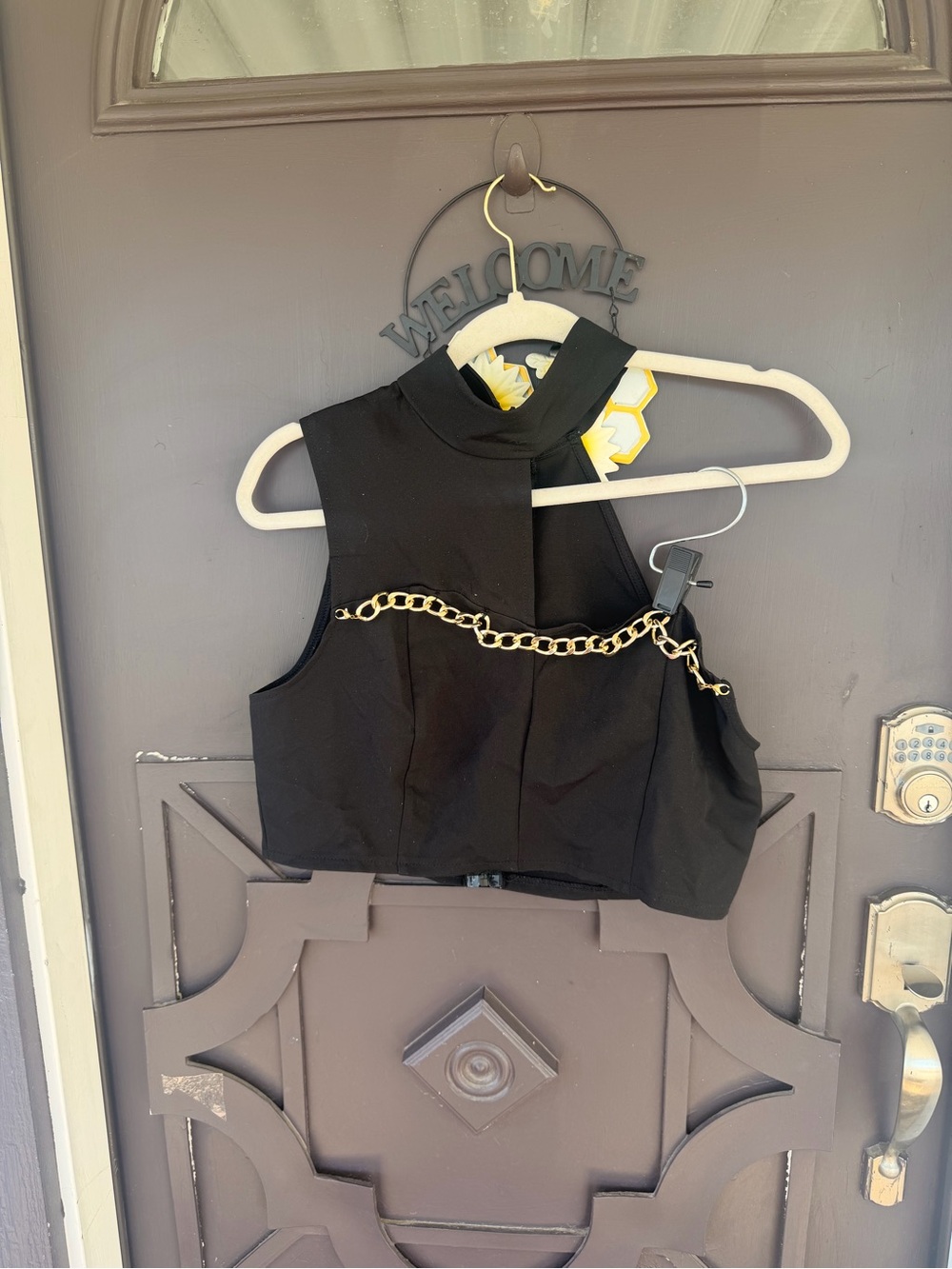 Black Cropped Halter Top with Gold Chain Accent